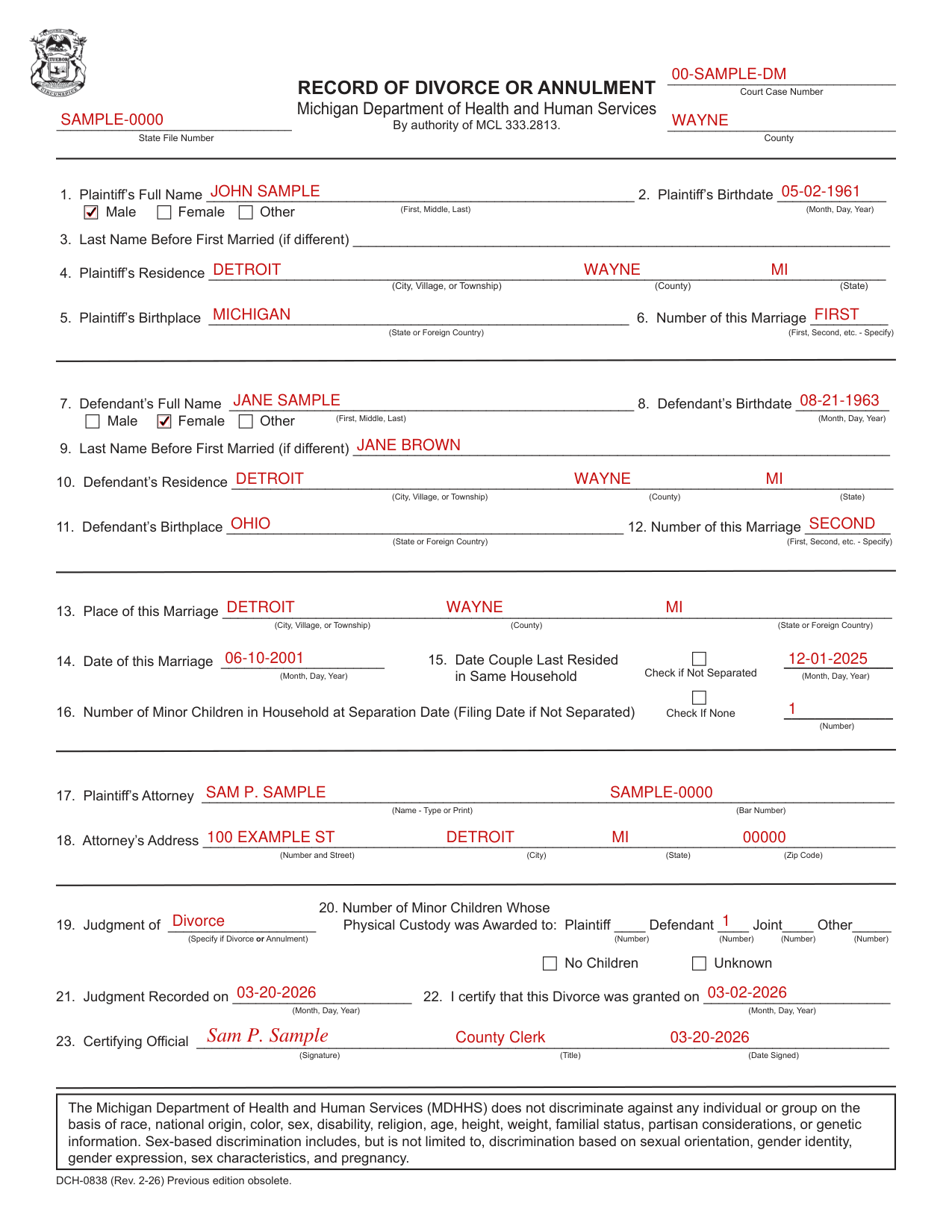 Form DCH-0838 example filled out, example: a county clerk records a divorce