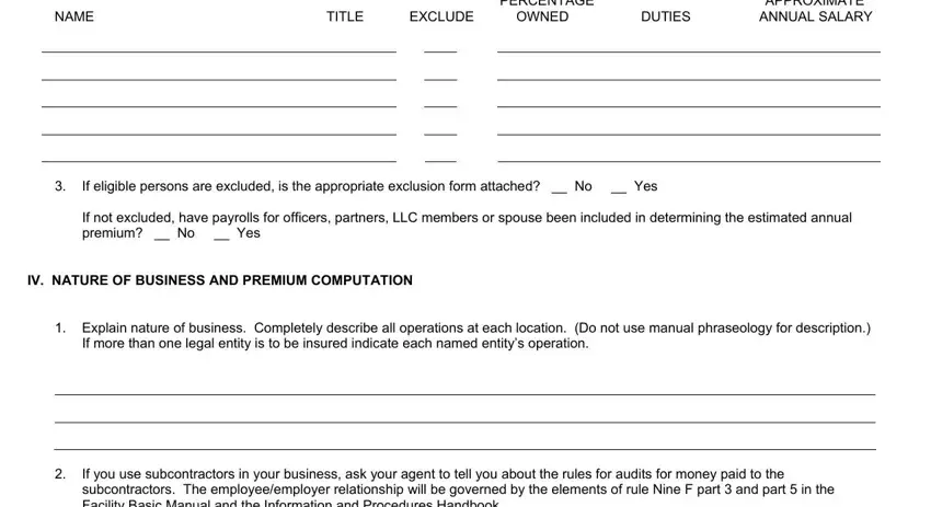 Michigan Form F 6 PERCENTAGE APPROXIMATE NAME TITLE, If eligible persons are excluded, If not excluded have payrolls for, IV NATURE OF BUSINESS AND PREMIUM, Explain nature of business, If more than one legal entity is, and If you use subcontractors in your fields to fill