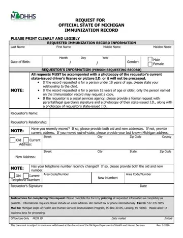 Michigan Immunization Record Form Preview