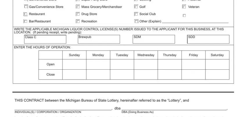 michigan lottery form 5754 Convenience Store Liquor Party, GasConvenience Store Mass, Restaurant Drug Store Social Club, BarRestaurant Recreation Other, WRITE THE APPLICABLE MICHIGAN, Class C, Brewpub, SDM, SDD, ENTER THE HOURS OF OPERATION, Sunday, Monday, Tuesday, Wednesday, and Thursday fields to fill out
