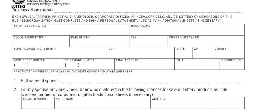 MICHIGAN LOTTERY RETAILER SERVICES, PERSONAL DATA SHEET, Business Name dba, EACH OWNER PARTNER PRINCIPAL, NAME LAST FIRST MI, MAIDEN NAME, SOCIAL SECURITY NO, DATE OF BIRTH, SEX, DRIVERS LICENSE NO, HOME ADDRESS NO STREET, CITY, STATE, ZIP, and COUNTY in michigan lottery form 5754