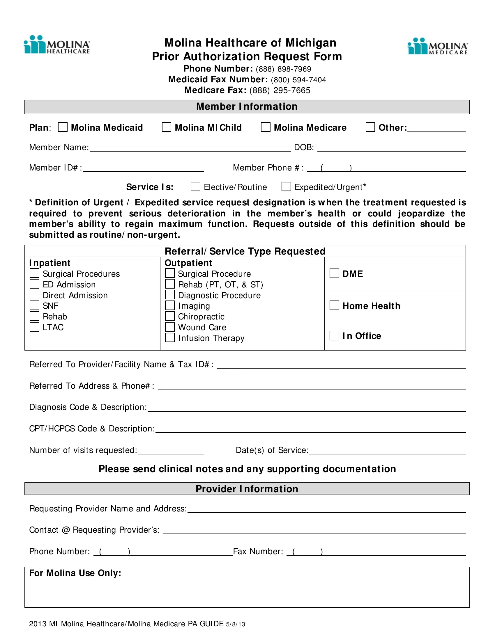 Michigan Molina Prior Authorization PDF Form FormsPal