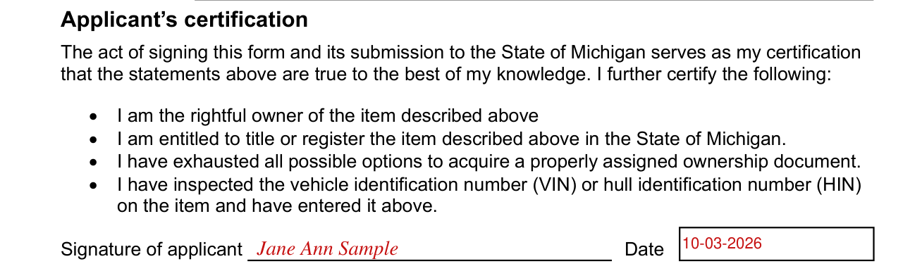 Form TR-205 example filled out, applicant's certification and signature