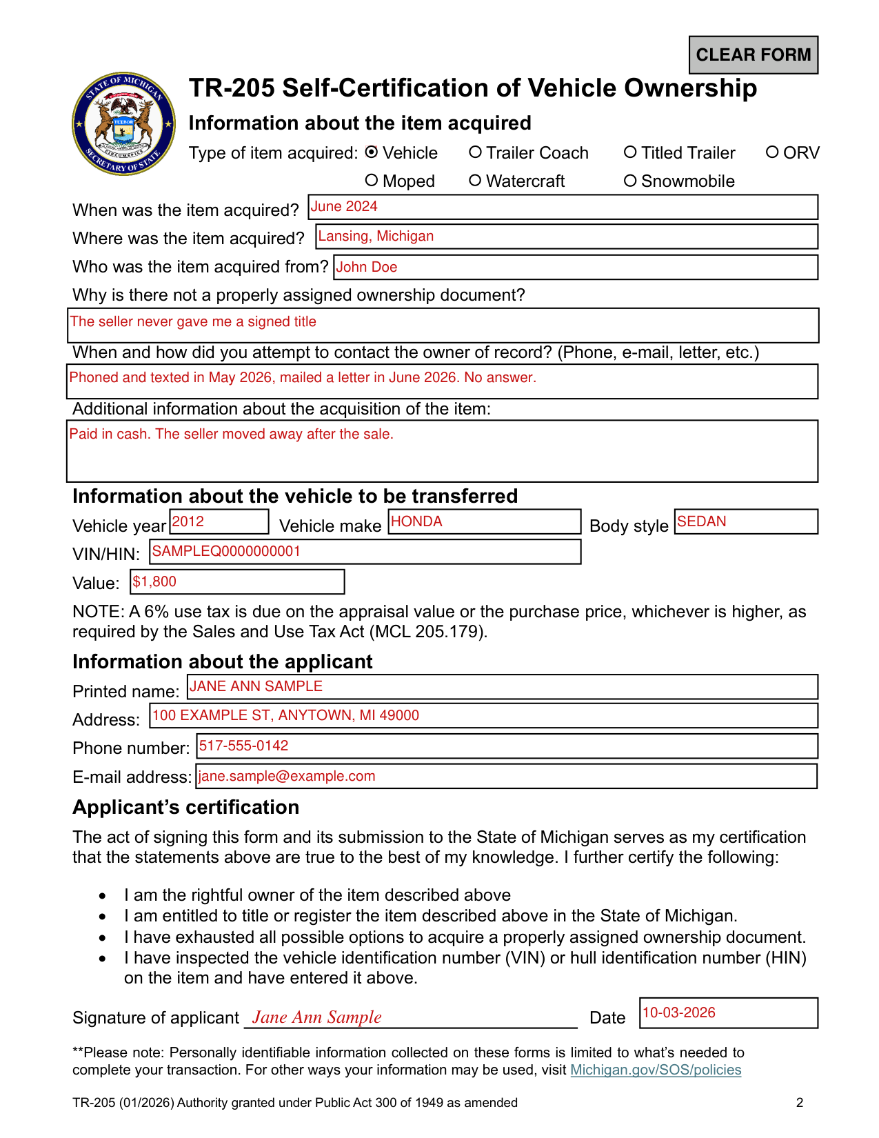 Form TR-205 example filled out, example: a vehicle bought in Michigan without a signed title