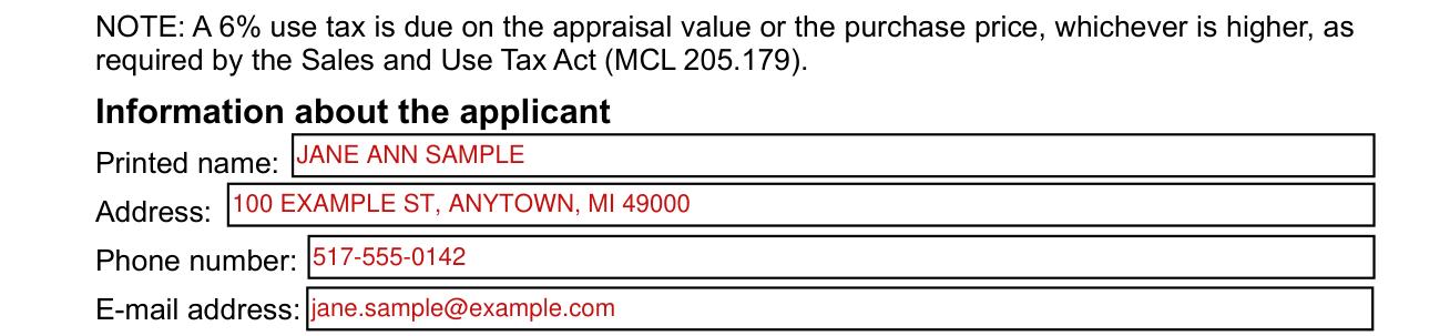 Form TR-205 example filled out, information about the applicant