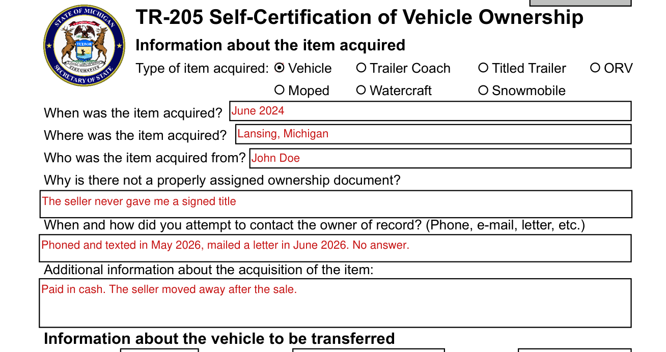 Form TR-205 example filled out, information about the item acquired