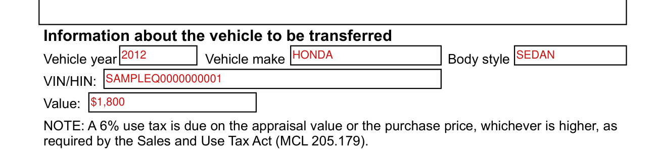 Form TR-205 example filled out, information about the vehicle to be transferred