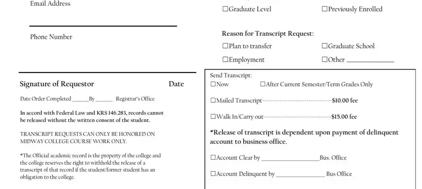 Entering details in midway university transcript request stage 2