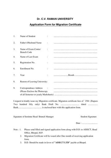 Migration Certificate Cv Raman University Form Preview