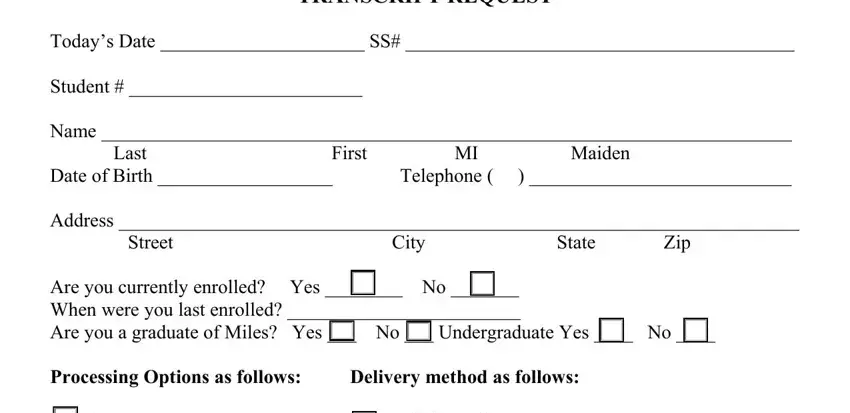 entering details in miles college transcript request step 1