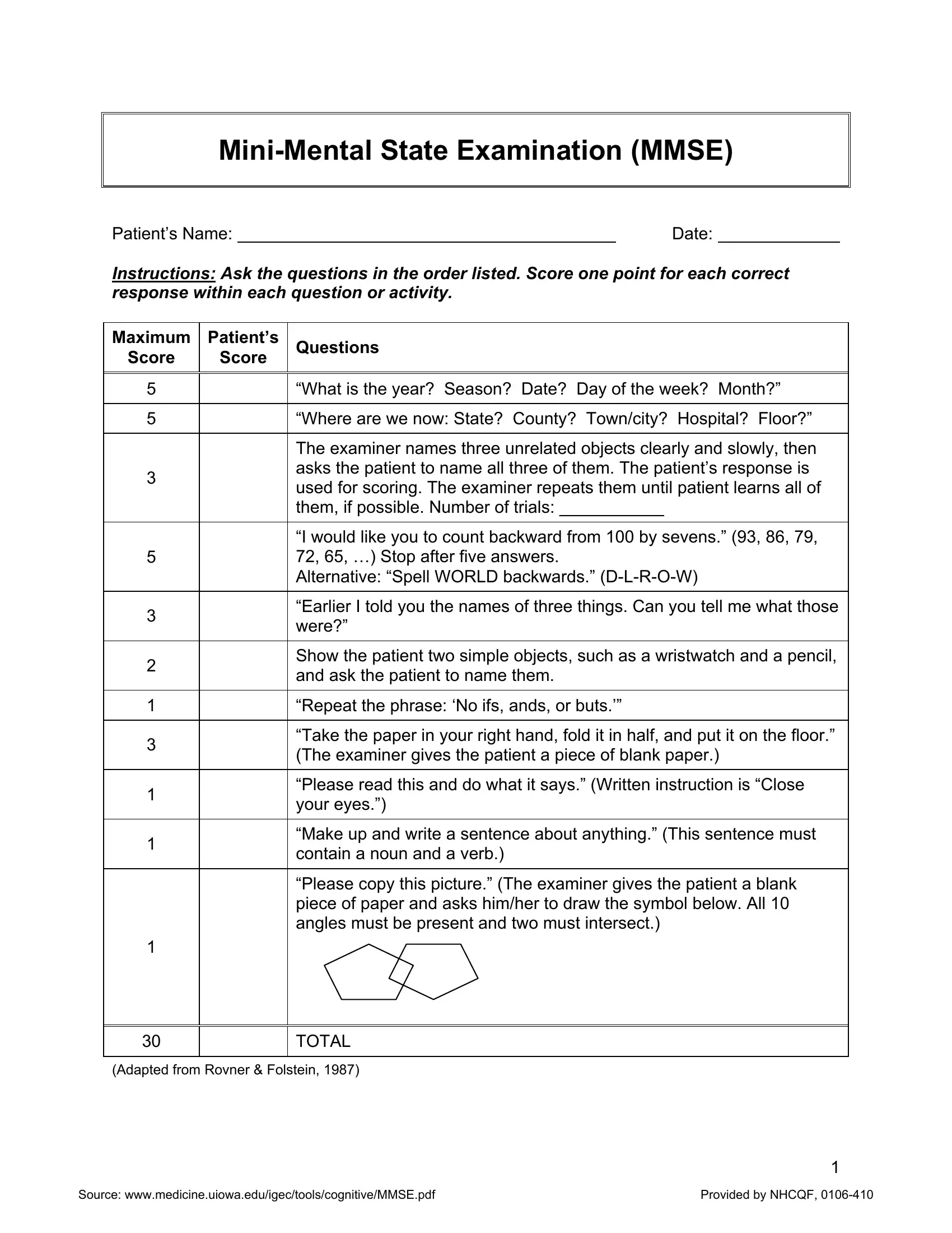 Printable Mmse Form Printable Forms Free Online Printable Mmse Form Printable Forms Free Online