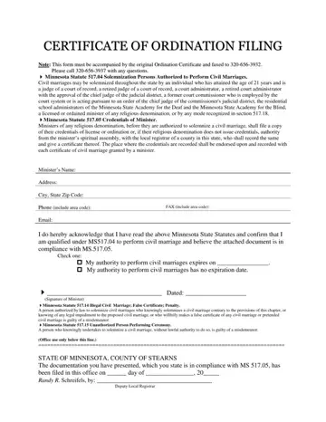 Minnesota Certificate Ordination Form Preview