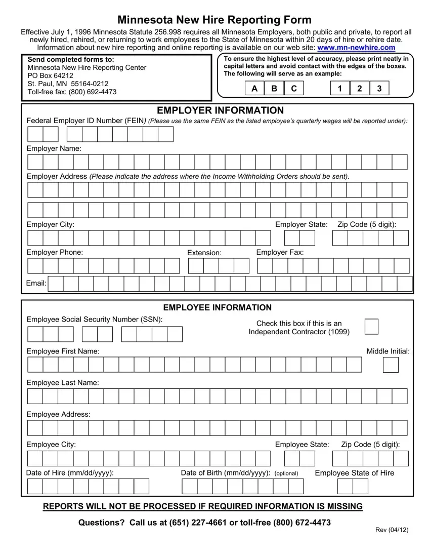 Minnesota New Hire Reporting Form first page preview