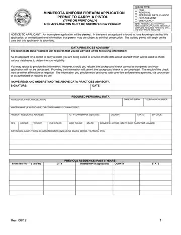Minnesota Uniform Firearm Application Form Preview