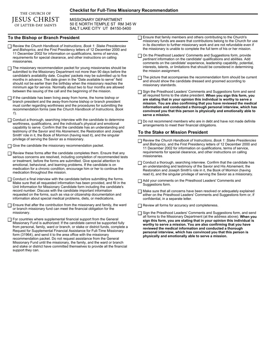 Missionary Recommendation Checklist first page preview