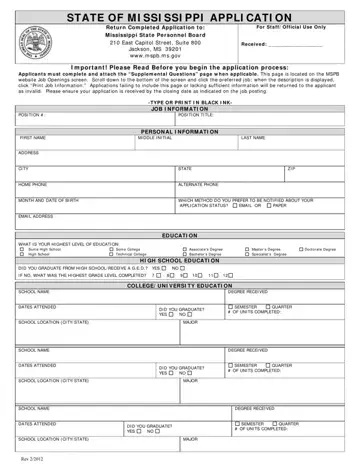 Mississippi Job Application Form Preview