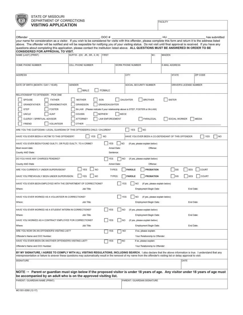 Missouri Dept Of Corrections Form first page preview