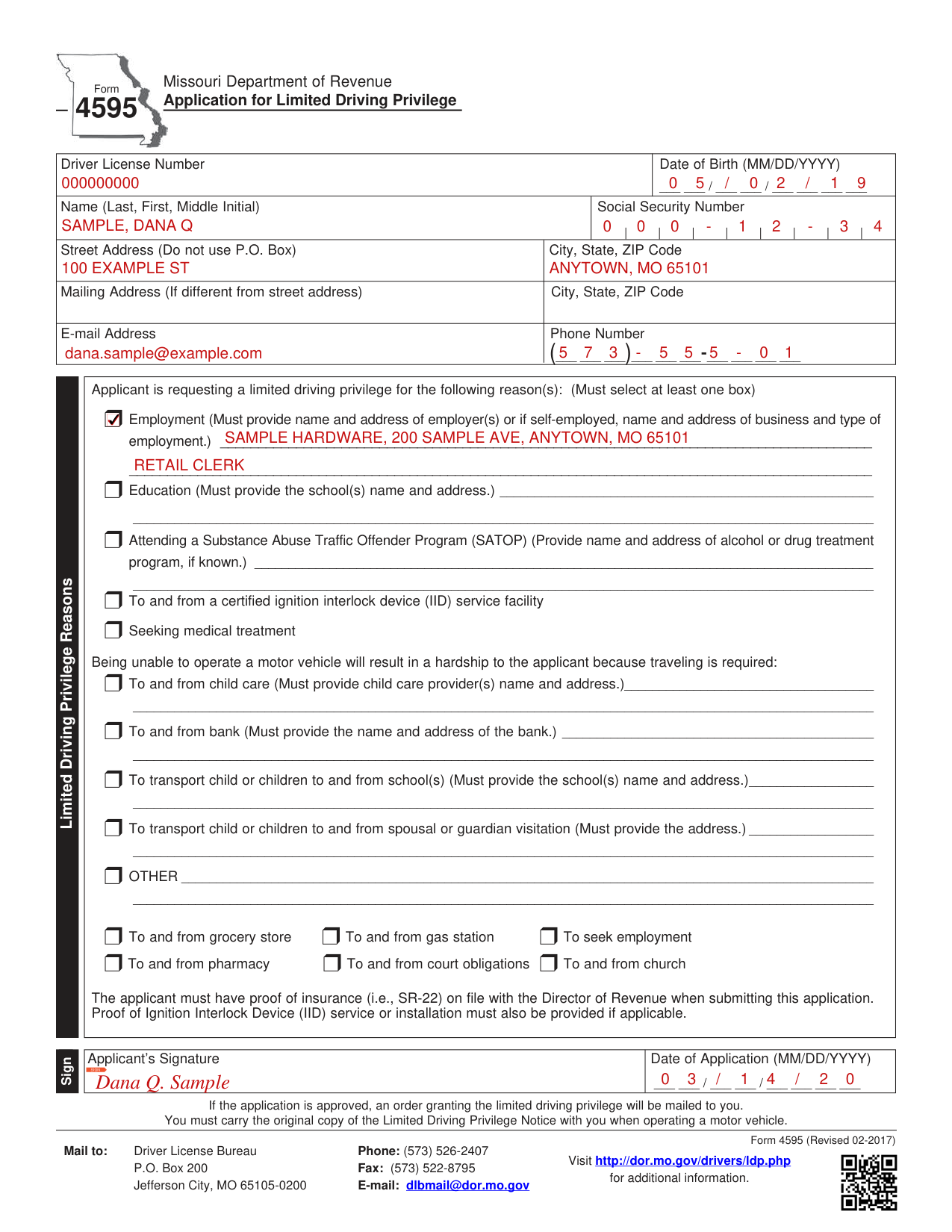 Form 4595 example filled out, example: a clerk asks for a limited driving privilege
