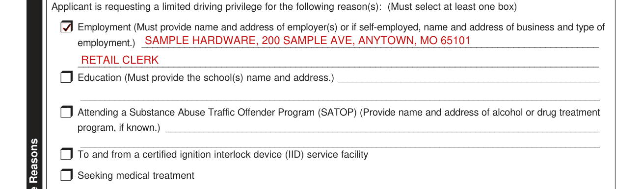 Form 4595 example filled out, limited driving privilege reasons