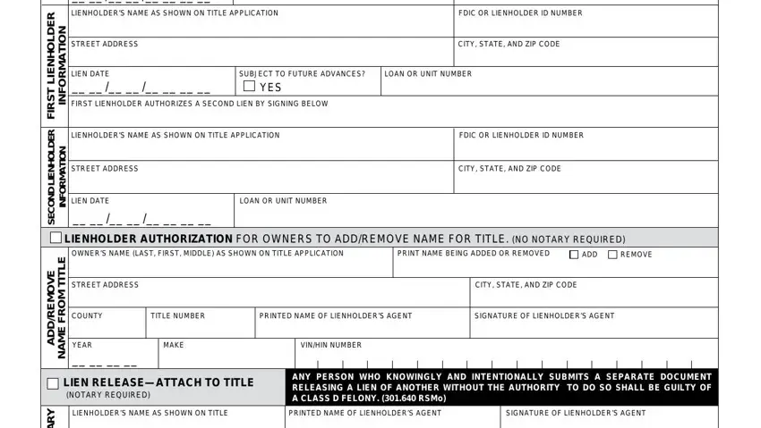 printable lien waiver missouri R E D L O H N E L T S R F, R E D L O H N E L D N O C E S, N O T A M R O F N, N O T A M R O F N, PURCHASE DATE, LIENHOLDERS NAME AS SHOWN ON TITLE, FDIC OR LIENHOLDER ID NUMBER, STREET ADDRESS CITY STATE AND ZIP, LIEN DATE, SUBJECT TO FUTURE ADVANCES, LOAN OR UNIT NUMBER, YES, FIRST LIENHOLDER AUTHORIZES A, LIENHOLDERS NAME AS SHOWN ON TITLE, and FDIC OR LIENHOLDER ID NUMBER blanks to fill