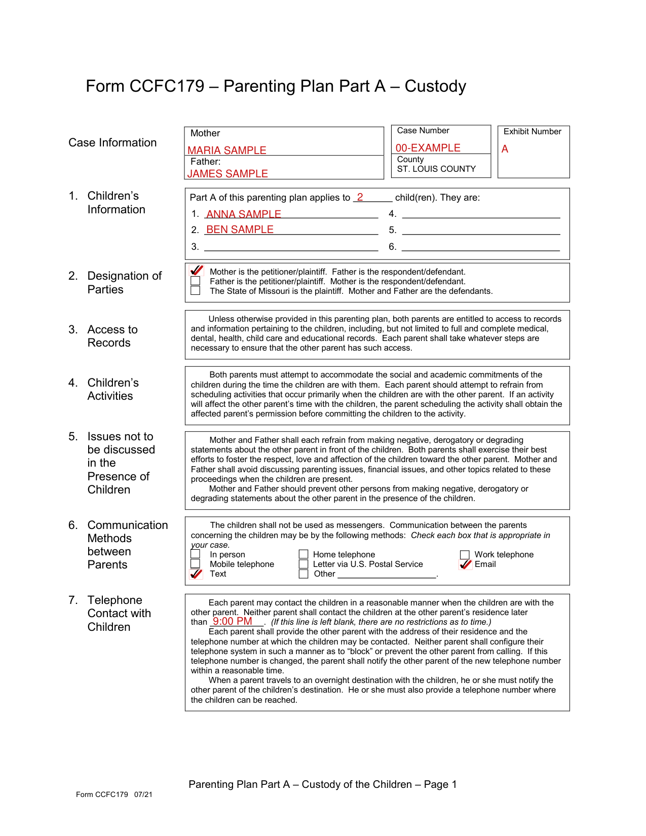 Form CCFC179 example filled out, example: parents complete pages 1 to 3 of Part A
