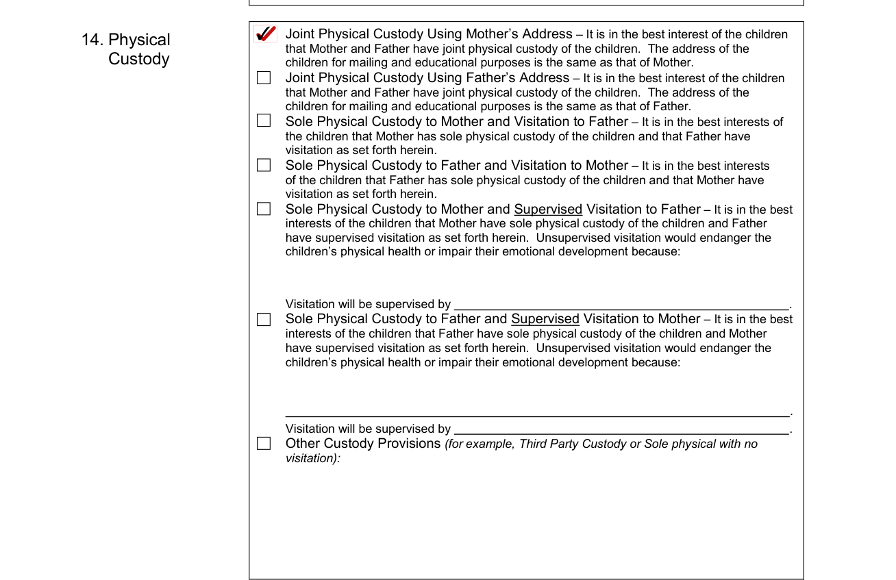 Form CCFC179 example filled out, physical Custody