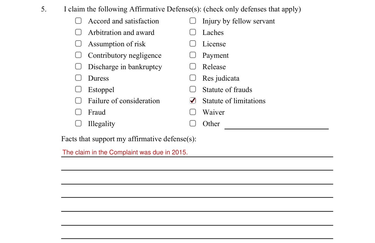 Form CIV302 example filled out, 5. Affirmative Defense(s)