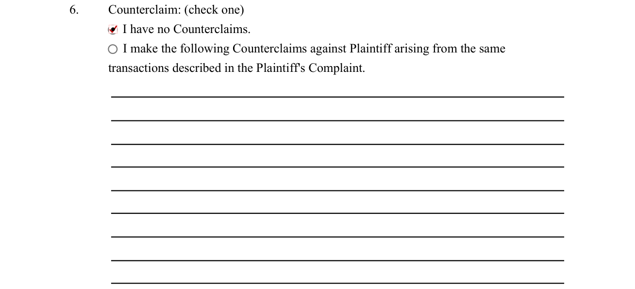 Form CIV302 example filled out, 6. Counterclaim