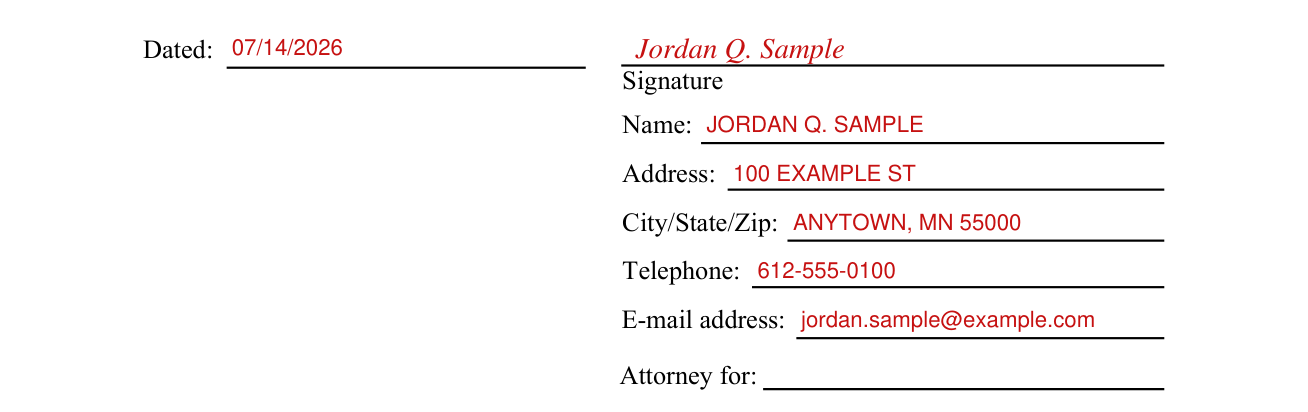 Form CIV302 example filled out, dated, Signature, Name, Address, City/State/Zip, Telephone, E-mail address and Attorney for
