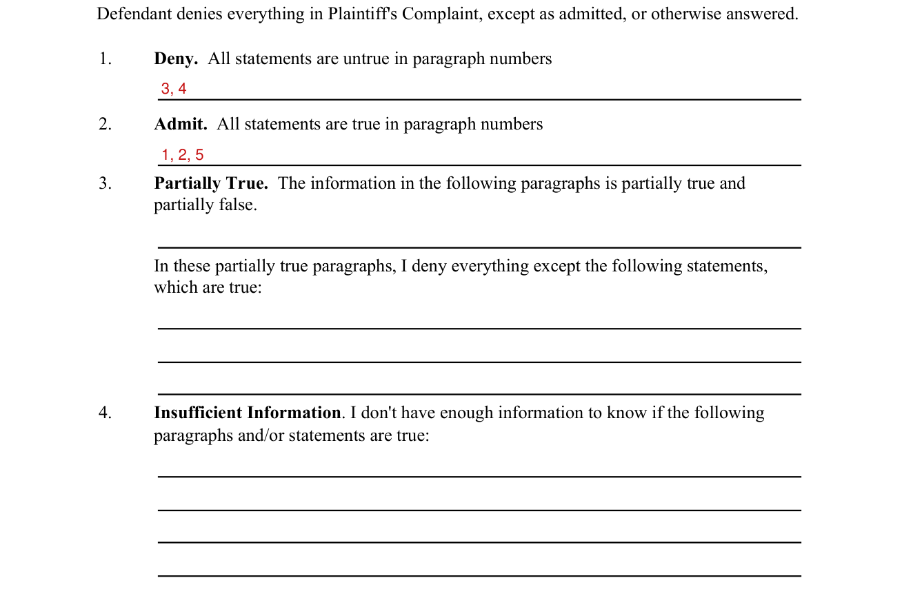 Form CIV302 example filled out, deny, Admit, Partially True and Insufficient Information