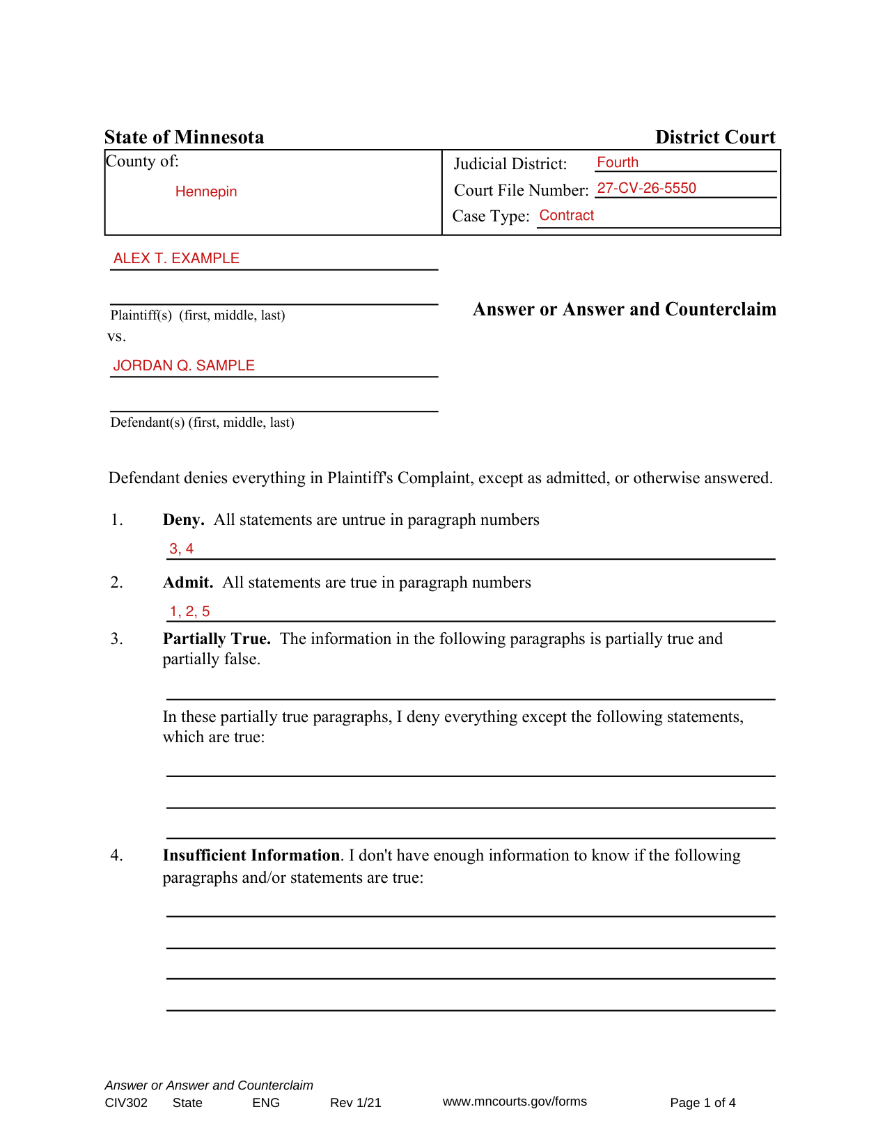 Form CIV302 example filled out, example: a Defendant answers a Complaint with one defense