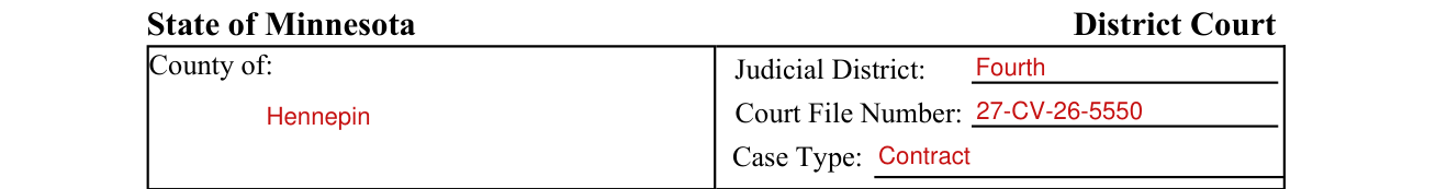 Form CIV302 example filled out, state of Minnesota District Court, County of, Judicial District, Court File Number and Case Type