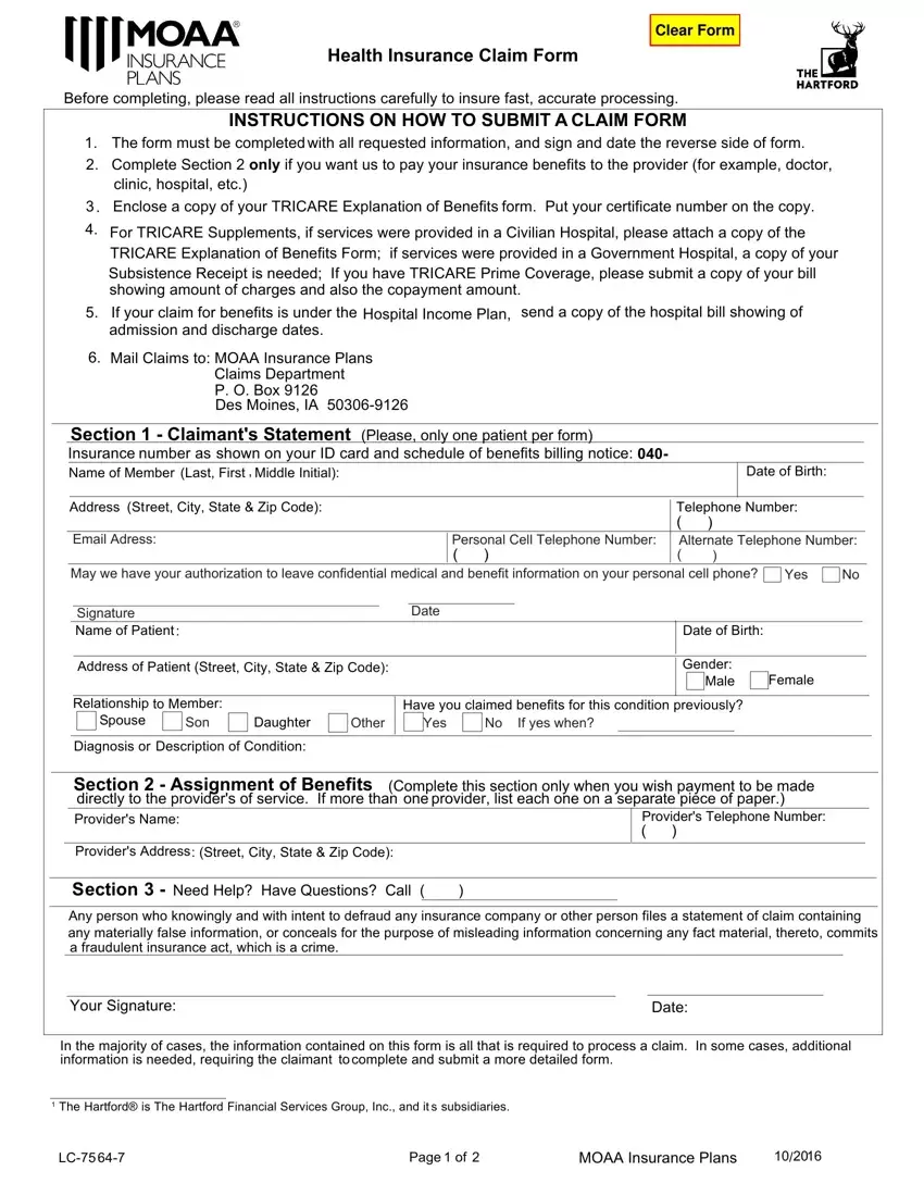 Moaa Claim Form first page preview