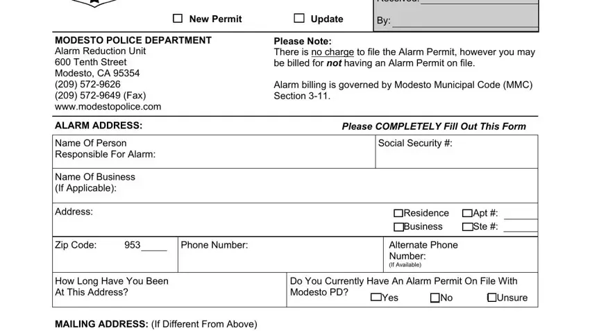 filling out modesto police department alarm permit part 1