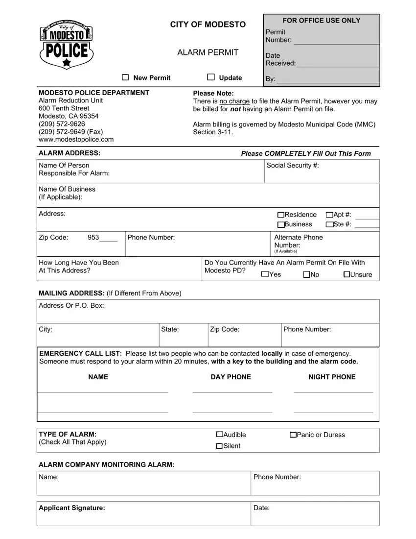 Modesto Alarm Permit first page preview