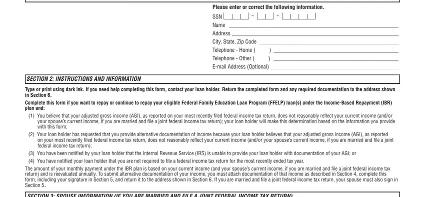 SECTIONBORROWERIDENTIFICATION, SECTIONINSTRUCTIONSANDINFORMATION, LastNumberandStreet, MiddleInitial, ZipCode, State, First, and City in 2019 income based repayment forms