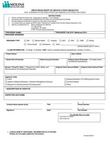 Molina Healthcare Resolution Request Form Preview