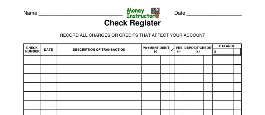 printable check registry fields to complete