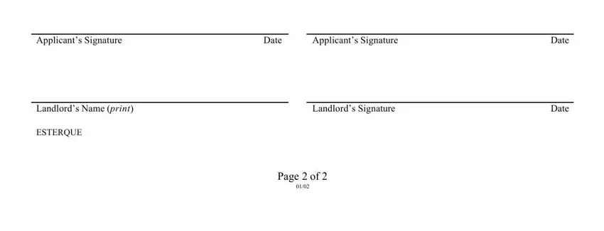 montgomery county md rental application form Applicants Signature, Date, Applicants Signature, Landlords Name print, Landlords Signature, ESTERQUE, Page  of, Date, and Date blanks to complete