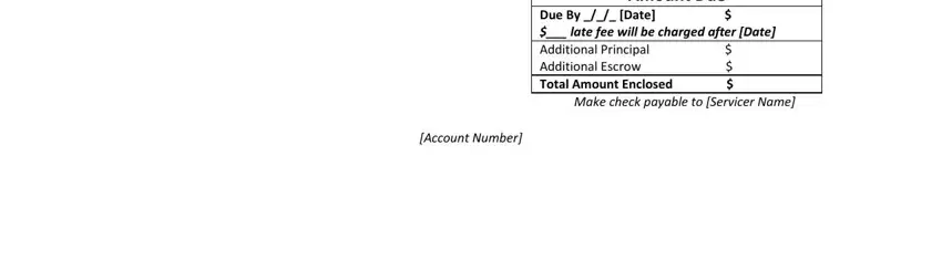Amount Due Due By  Date   late fee, Make check payable to Servicer Name, and Account Number in mortgage statement sample