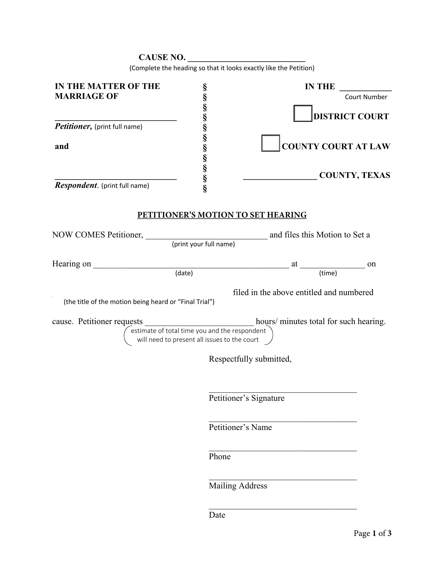 Motion Set Hearing Form ≡ Fill Out Printable PDF Forms Online