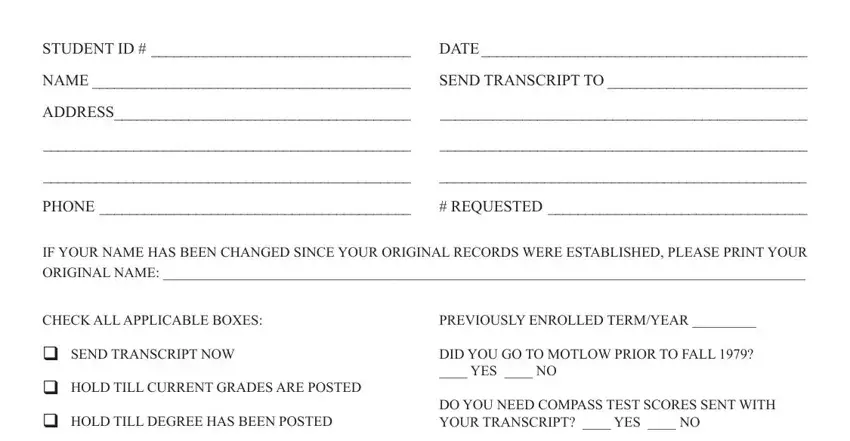 portion of blanks in motlow transcript request form