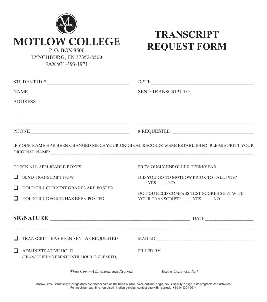 Motlow Transcript Request Form first page preview