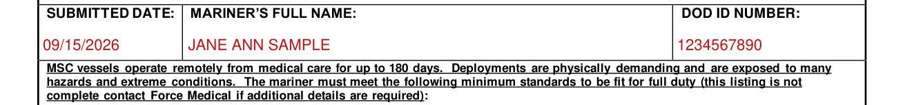MSC Form 6110/2 example filled out, date, mariner full name and DOD ID number