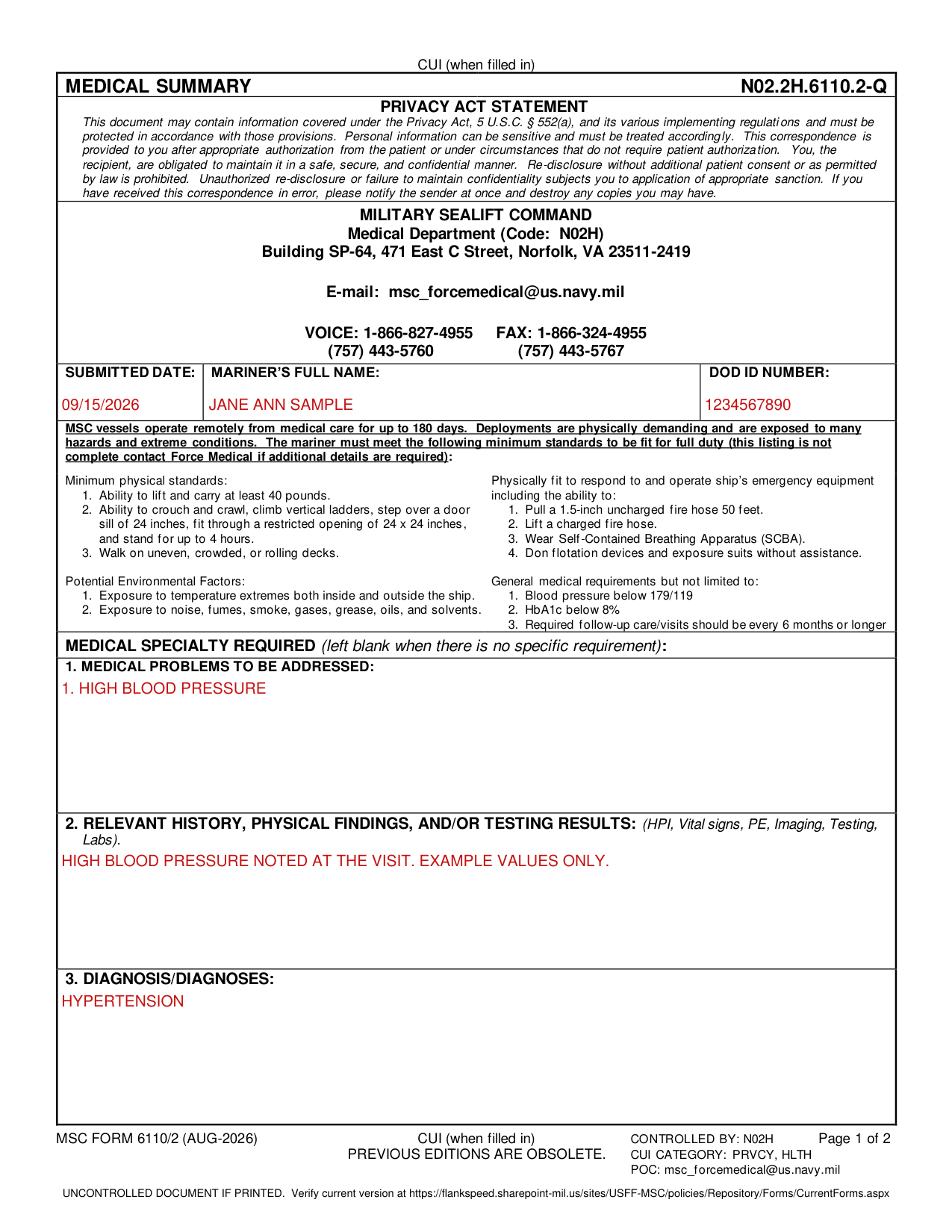 MSC Form 6110/2 example filled out, example: a mariner and a provider complete page 1