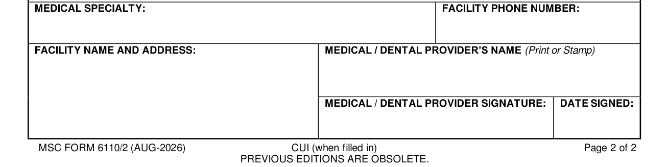 MSC Form 6110/2 example filled out, medical or dental provider, facility and signature