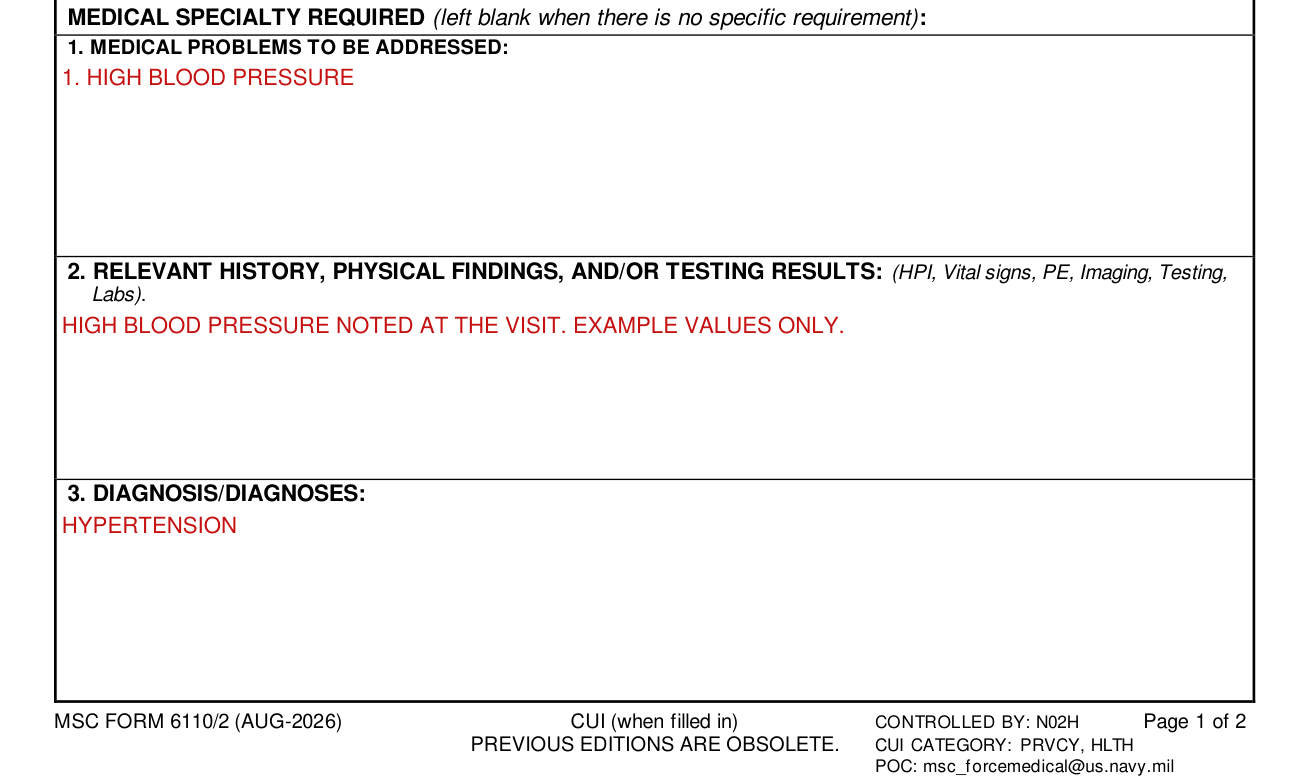 MSC Form 6110/2 example filled out, medical problems, history and diagnosis