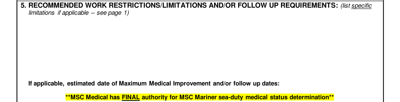 MSC Form 6110/2 example filled out, recommended work restrictions and follow up requirements