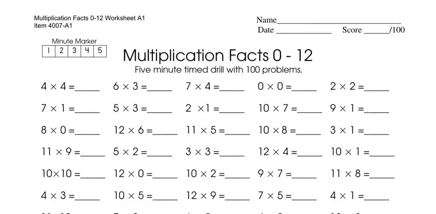 multiplication test Multiplication Facts  Worksheet A, Name Date  Score, Minute Marker, and Multiplication Facts    Five fields to fill out