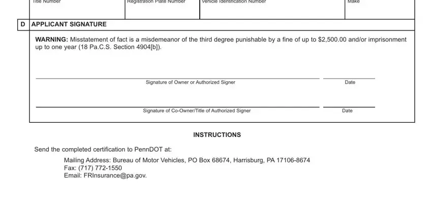 department mv 221 Title Number Registration Plate, D APPLICANT SIGNATURE, WARNING Misstatement of fact is a, Signature of Owner or Authorized, Signature of CoOwnerTitle of, INSTRUCTIONS, Send the completed certification, and Mailing Address Bureau of Motor blanks to complete